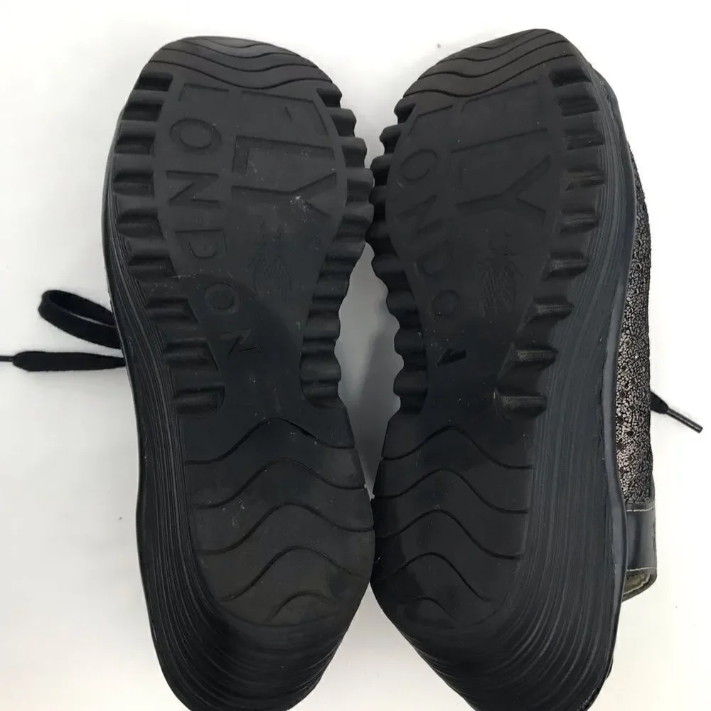 Fly London Black Metallic Perforated Leather Slingback Lace Up Chunky Wedges